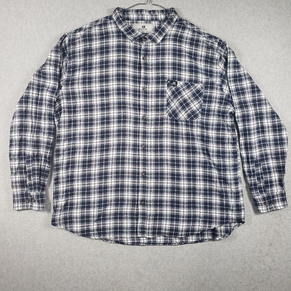 Mossy Oak Men 3XL Plaid Flannel Shirt Navy White Cotton Button Down Cabincore